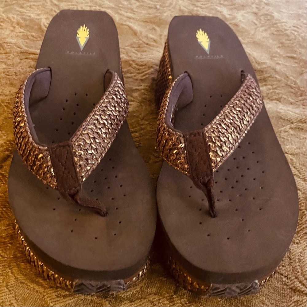 Brown Weaved Volatile Wedge Sandals
